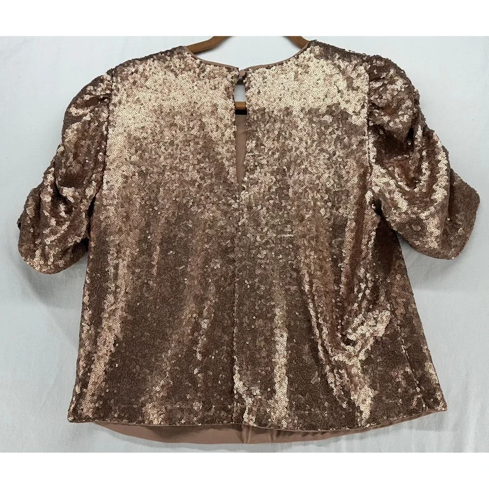 Abercrombie & Fitch Sequin Puff Sleeve Top Rose Gold Bronze Metallic Medium NEW